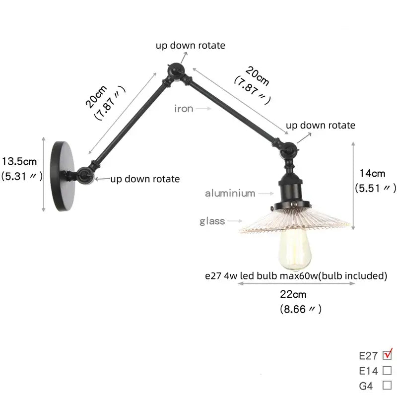 Industrial black swing arm wall light fixture with iron and aluminum adjustable arms and clear faceted glass shade