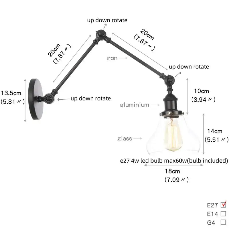 Industrial black swing arm wall light fixture with wrought iron and aluminum frame and clear glass shade housing e27 led bulb