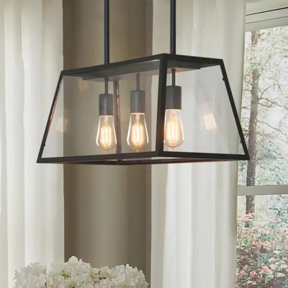 DecorBites industrial black metal pendant light with clear glass panels and 3-bulb clear glass hanging design