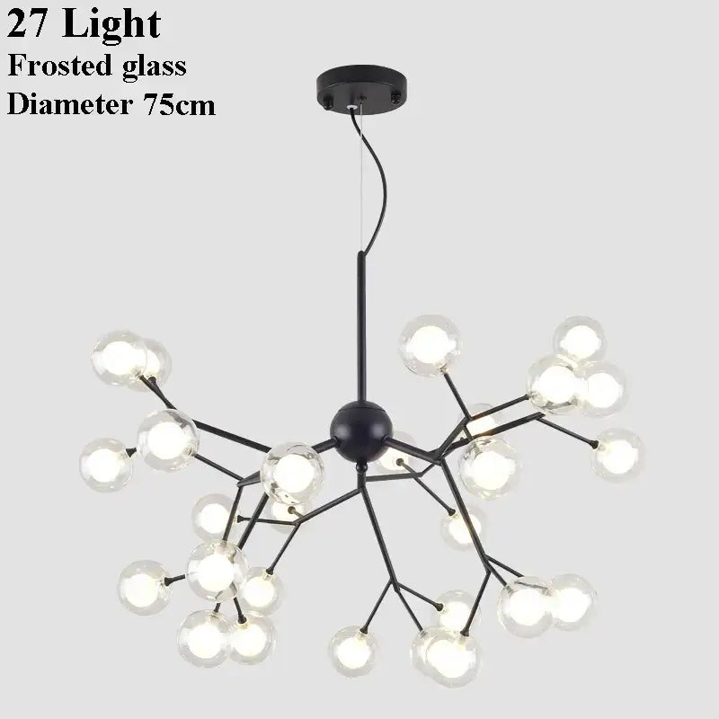 Black metal tree branch chandelier with 27 frosted glass ball firefly lights for dining room decorbites decor