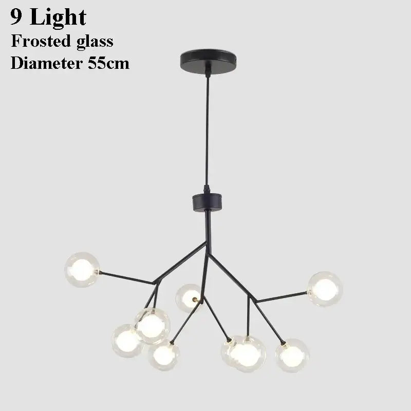 Industrial black tree branch chandelier with nine frosted glass ball firefly lights for dining room decorbites