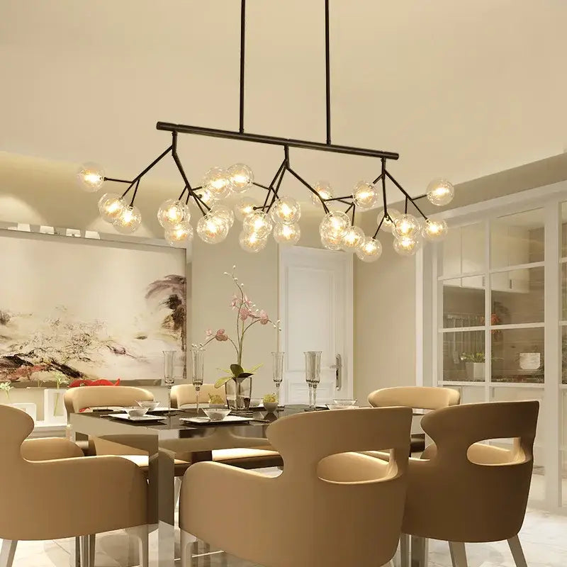Black metal tree branch chandelier with clear decorbites glass ball firefly bulbs for dining room decor