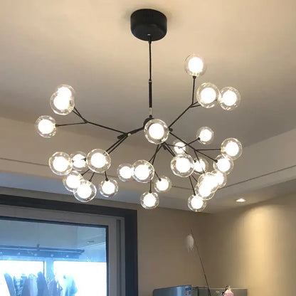 Modern black metal tree branch chandelier with clear decorbites glass ball firefly bulbs for dining room decor