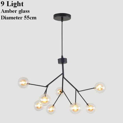 Black metal tree branch chandelier with nine amber decorbites glass ball firefly lights for dining room decor