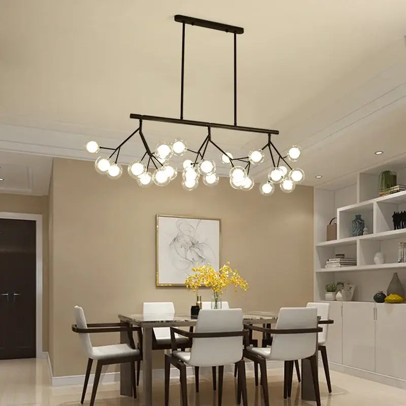 Industrial black tree branch chandelier with multiple decorbites glass ball firefly globe lights for dining room decor