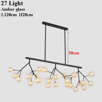 Modern black metal tree branch chandelier with 27 amber decorbites glass ball firefly lights for dining room decor