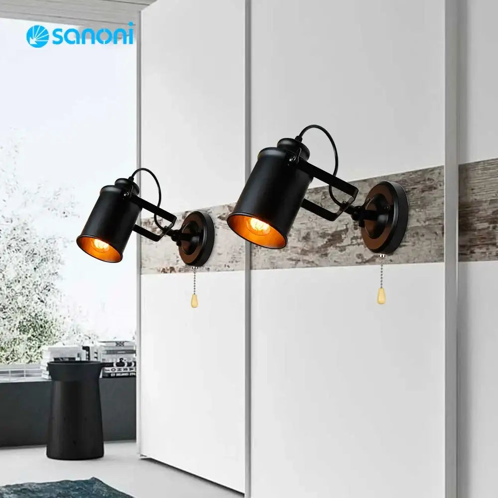 Industrial black vintage wall lamp with adjustable arms and pull-chain switches for bedroom led vintage wall lighting