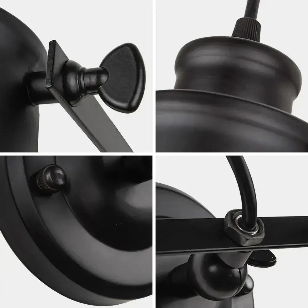 Industrial black vintage wall lamp with black matte finish cylindrical shade and adjustable mounting hardware for bedroom use