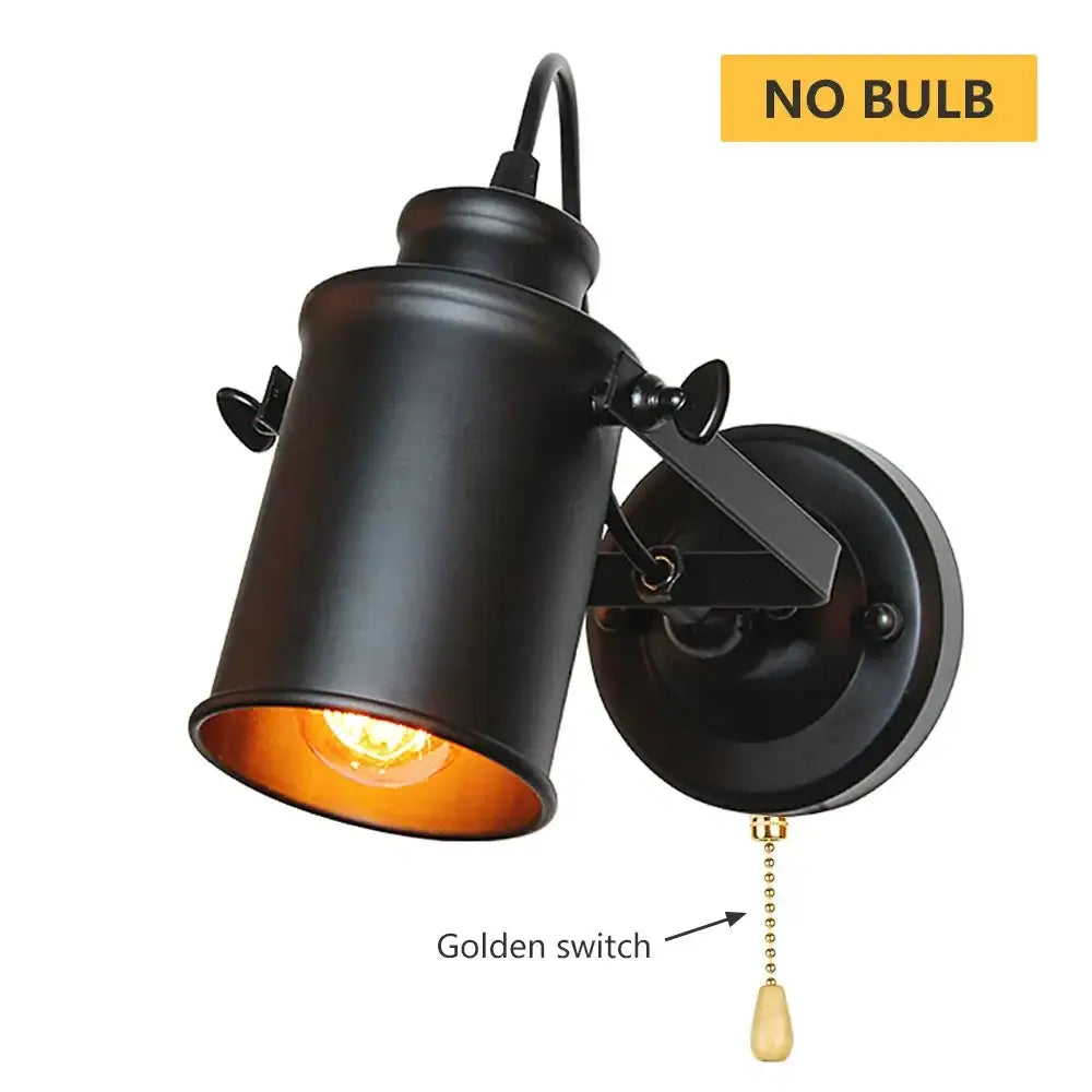 Industrial black vintage wall lamp with adjustable arm and golden pull-chain switch for bedroom led vintage wall lighting