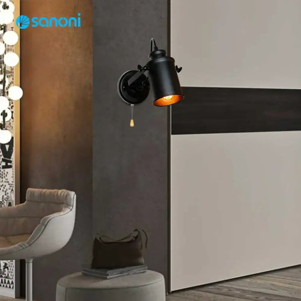 Black industrial-style vintage wall lamp with matte finish and amber glowing led vintage wall shade for bedroom spotlight