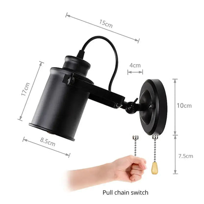 Black industrial-style vintage wall lamp with adjustable arm and pull chain switch for bedroom spotlight use
