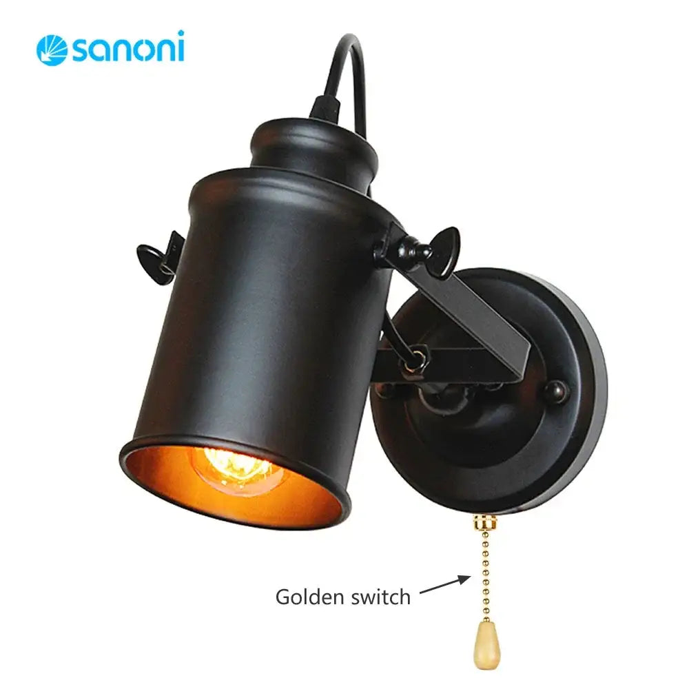 Industrial black vintage wall lamp with black matte finish and golden pull chain switch for bedroom adjustable spotlight use