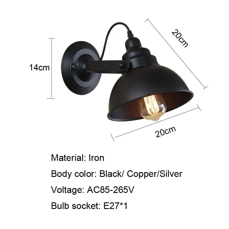 Industrial black wall sconce made of wrought iron with dome-shaped shade and exposed filament bulb for bedroom decorbites industrial black style