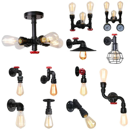 Industrial black water pipe wall lamp with red valve accents and exposed filament bulbs for decorbites industrial water style