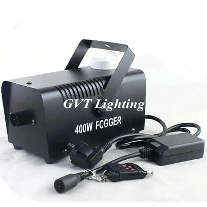 Industrial black and white 400w wireless remote fog machine with power cord, transformer, and remote control for party decor