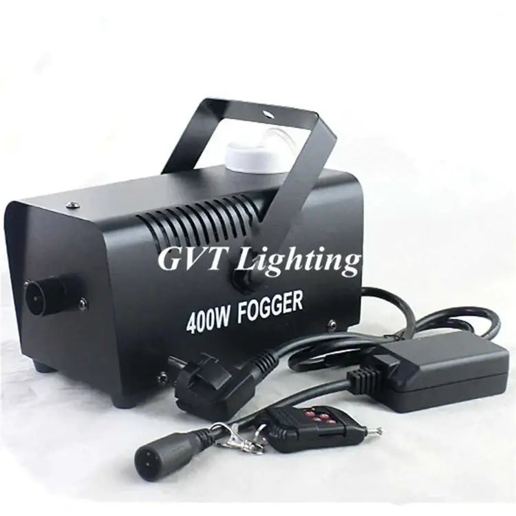 Industrial black and white 400w wireless remote fog machine with power cord, transformer, and remote control for party decor