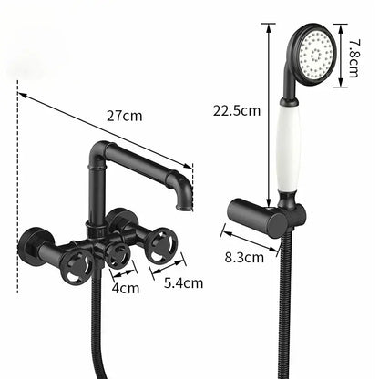 Industrial black and white bath shower set featuring a black matte dual control faucet with ornate handles and white ceramic showerhead