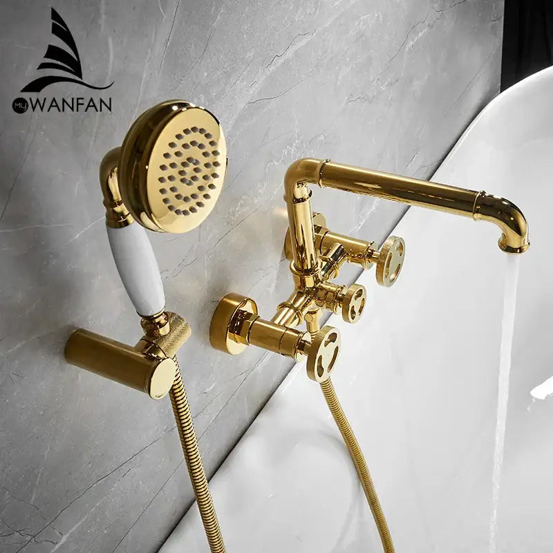 Industrial black and white dual control shower set with gold brass bathtub faucet and white ceramic handle vintage style