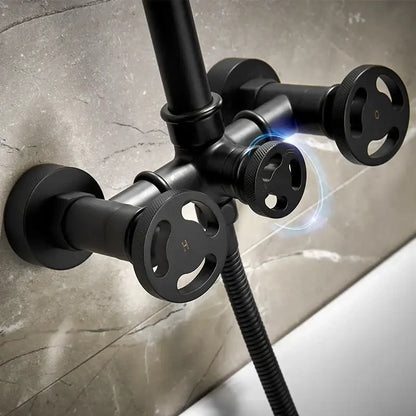 Industrial black and white bath shower set dual control faucet in black matte brass with vintage wheel handles and flexible hose