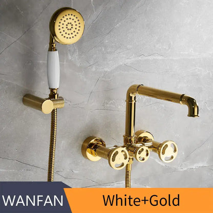 Gold-finished industrial black and white bath shower set with dual control faucet and white ceramic handles with handheld showerhead