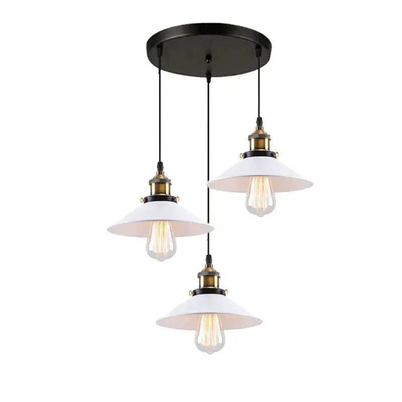 Industrial black and white ceiling chandelier with three white enamel shades and brass accents for kitchen decorbites industrial ceiling