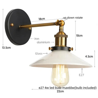 Vintage-style industrial black and white ceramic led wall lights with brass arm and white glass shade for kitchen decorbites led wall