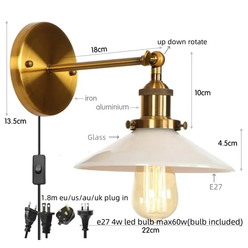 Brass-finished industrial wall lights with white glass shade and exposed Edison bulb for decorbites led wall lighting