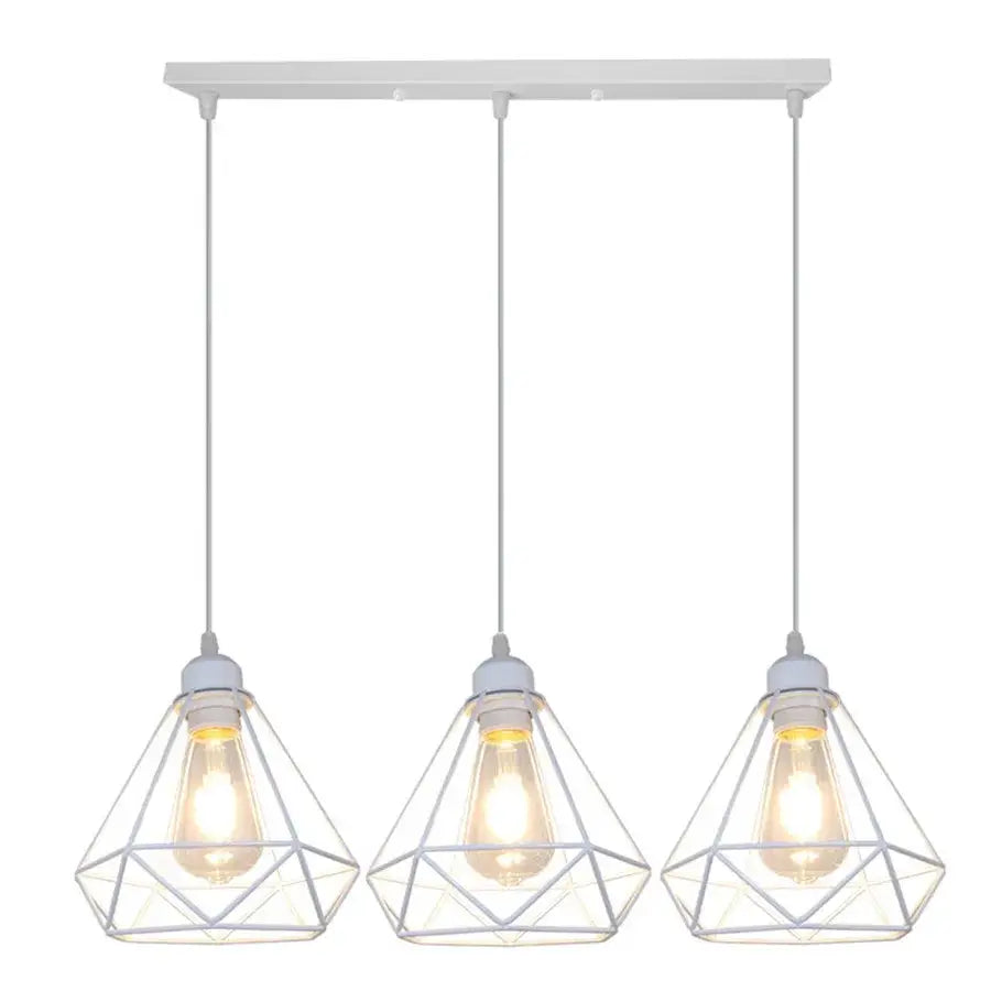 White geometric pendant light with three exposed edison bulbs in a diamond cage wrought black and white cage wrought iron design