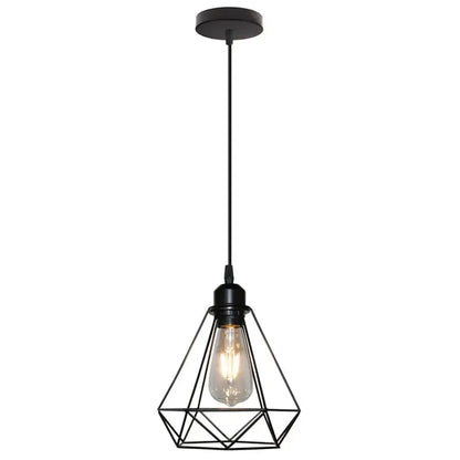 Black geometric pendant light with vintage edison bulb in diamond cage wrought iron for industrial kitchen lighting