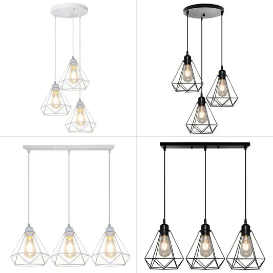 Industrial black and white diamond cage wrought iron pendant light with geometric cage wrought iron design for kitchen use
