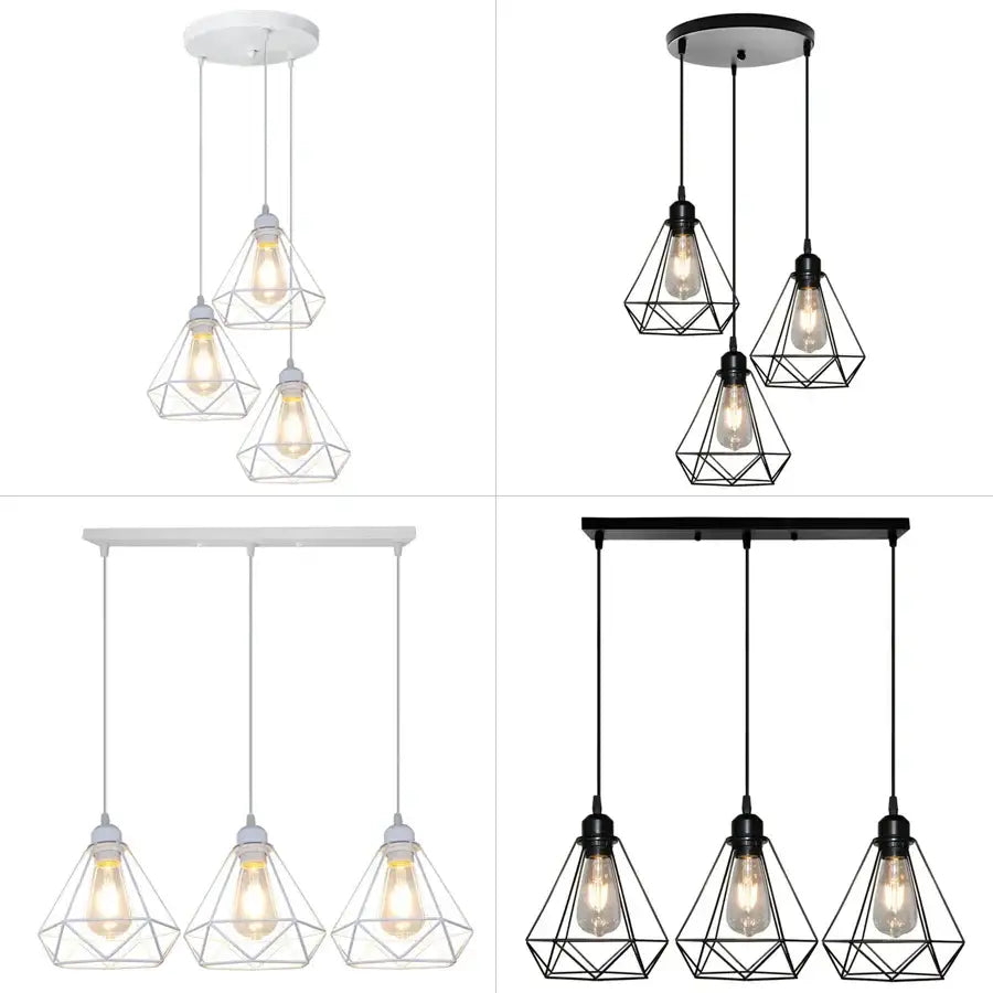 Industrial black and white diamond cage wrought iron pendant light with geometric cage wrought iron design for kitchen use