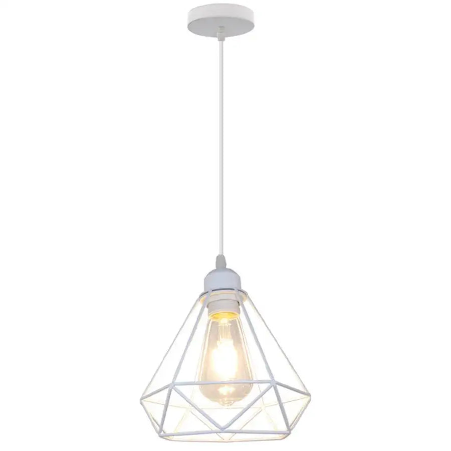 White geometric pendant light featuring a diamond cage wrought iron design with exposed bulb for kitchen use