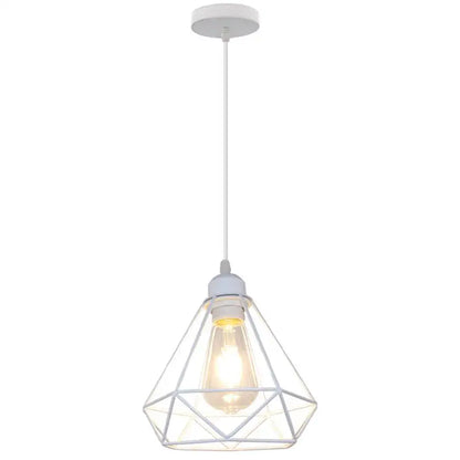 White geometric pendant light featuring a diamond cage wrought iron design with exposed bulb for kitchen use