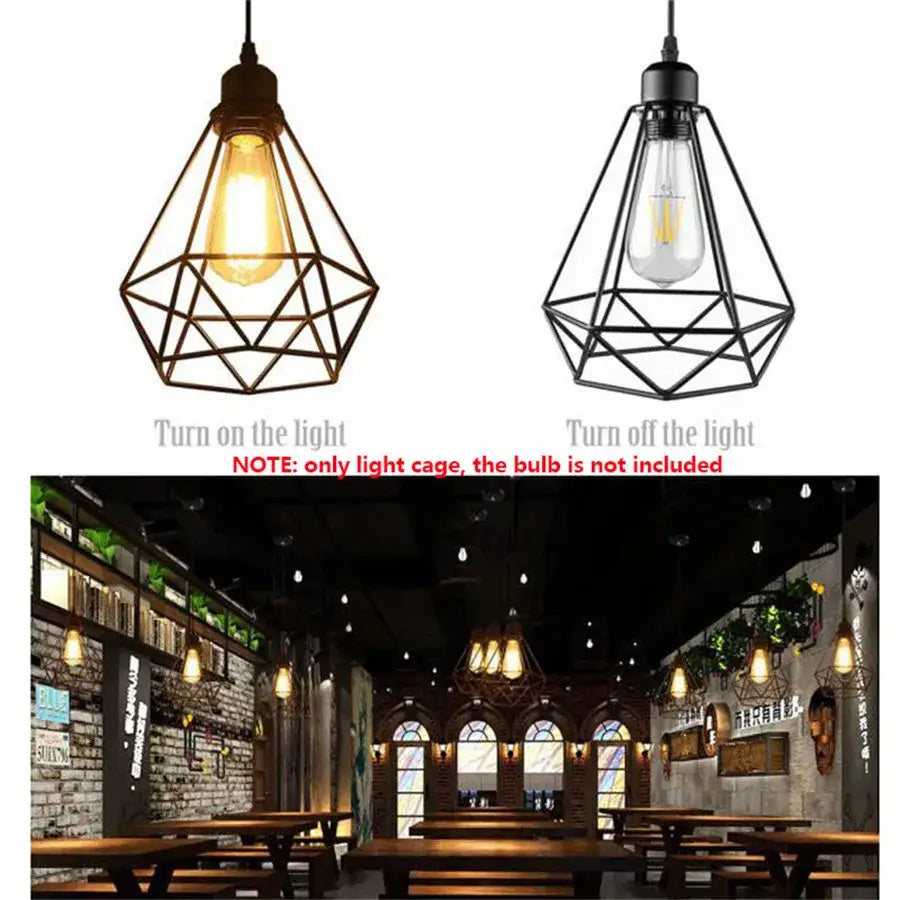 Black metal diamond cage wrought iron pendant light with exposed edison bulb for industrial kitchen use