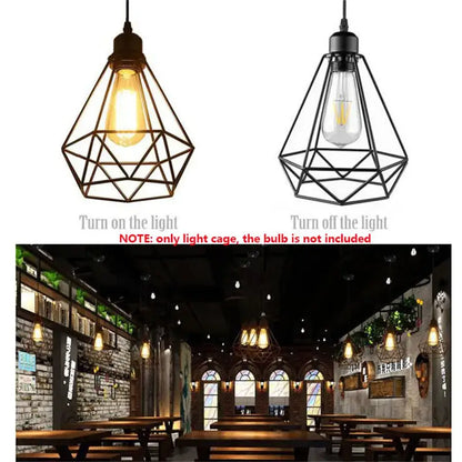 Black metal diamond cage wrought iron pendant light with exposed edison bulb for industrial kitchen use