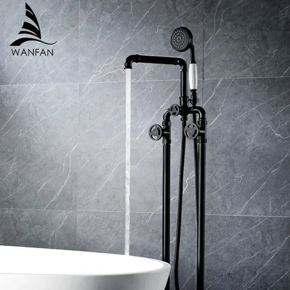 Black industrial-style shower faucet with dual handle white knobs and exposed piping decorbites industrial black design