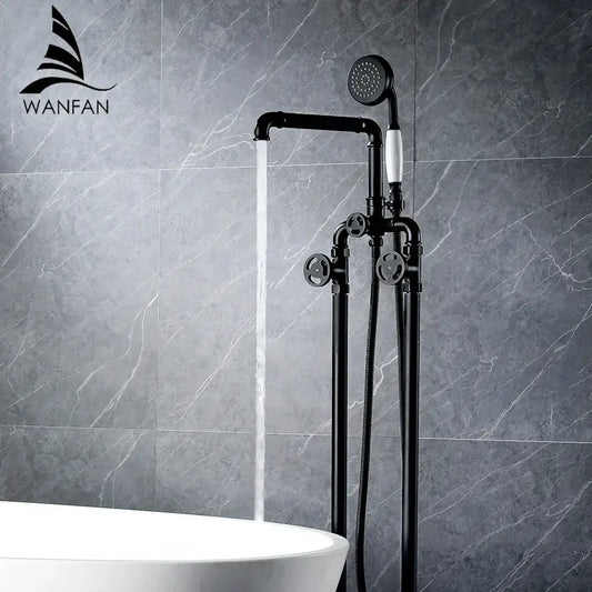 Black industrial-style shower faucet with dual handle white knobs and exposed piping decorbites industrial black design