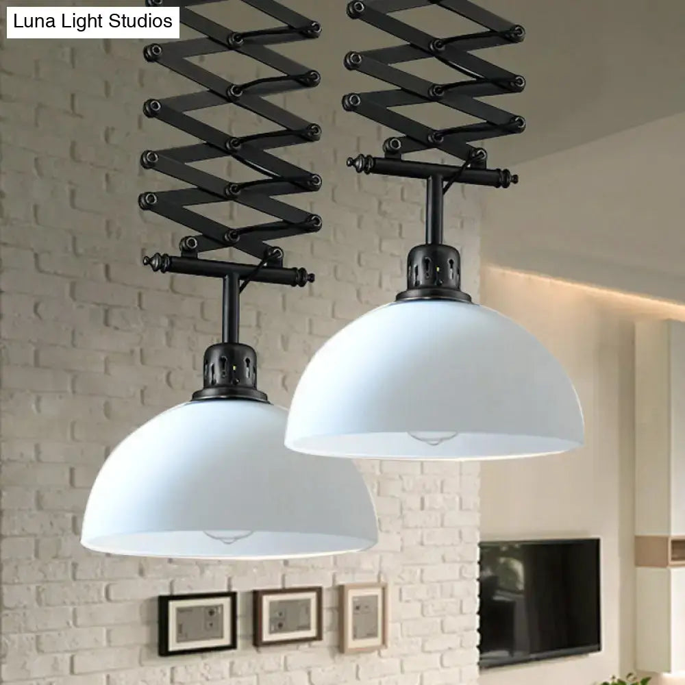 Black white finish DecorBites™ industrial style pendant light with articulated arm and metal dome shade for balcony lighting