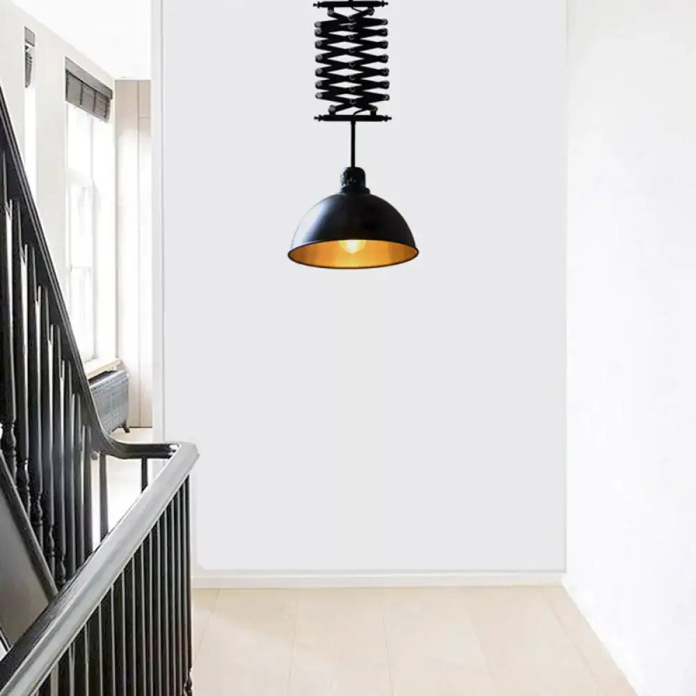 DecorBites industrial style black pendant light with gold interior and telescoping spring suspension in black white finish