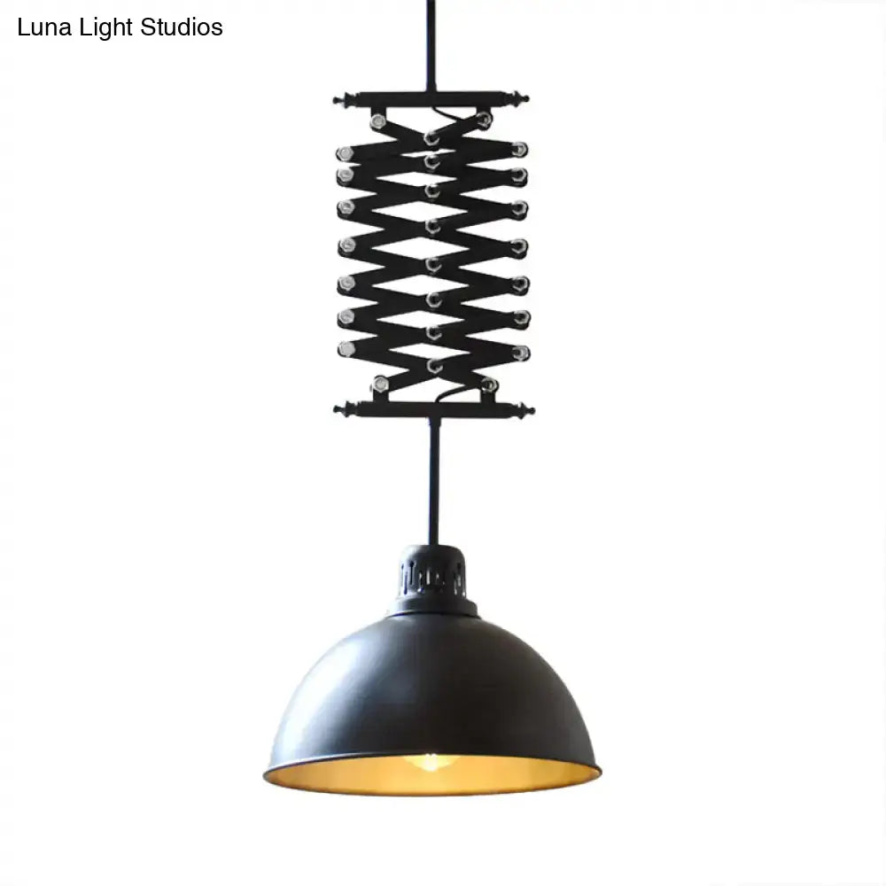 Black industrial style pendant light with extendable telescoping mechanism and matte dome shade in black white finish