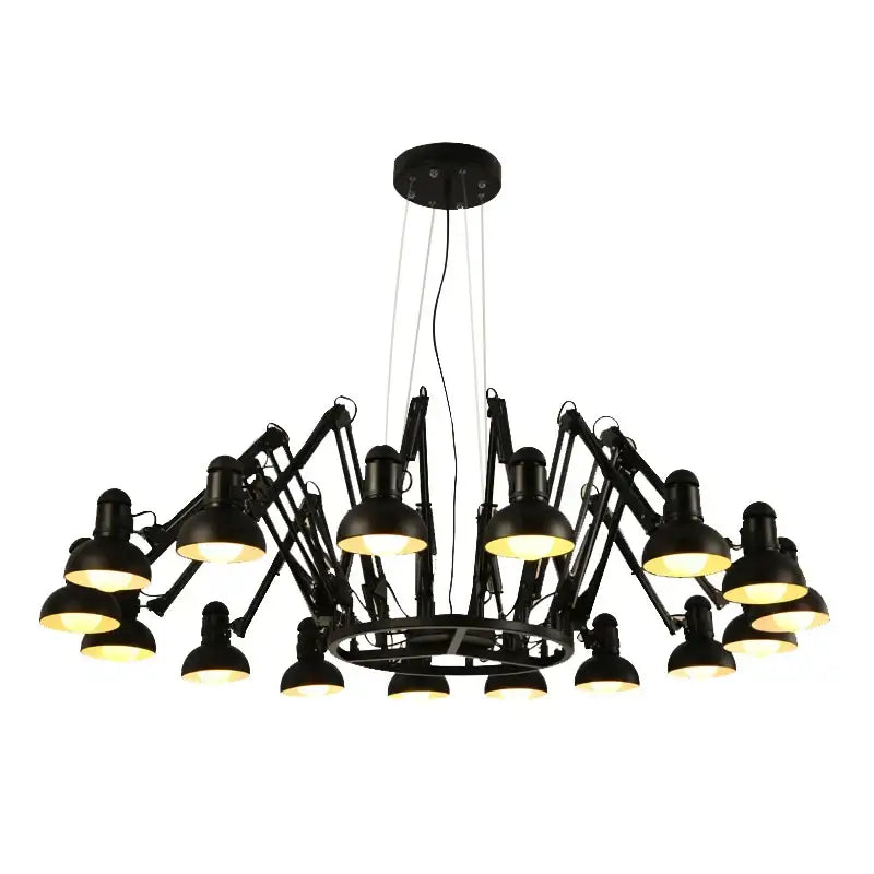 Industrial black spider ceiling lamp with multiple articulated arms and dome-shaped light fixtures for living room