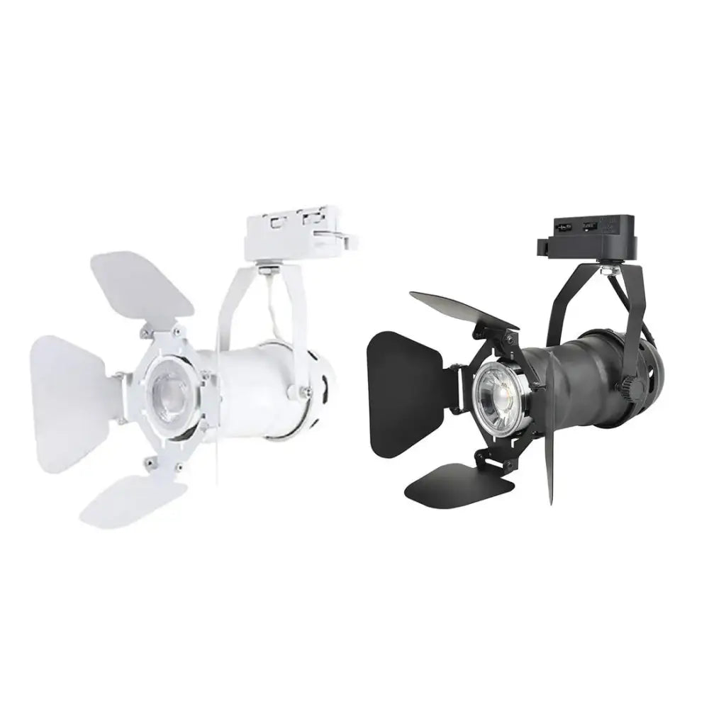 Industrial black and white track spotlight with adjustable barn doors for versatile office industrial track lighting