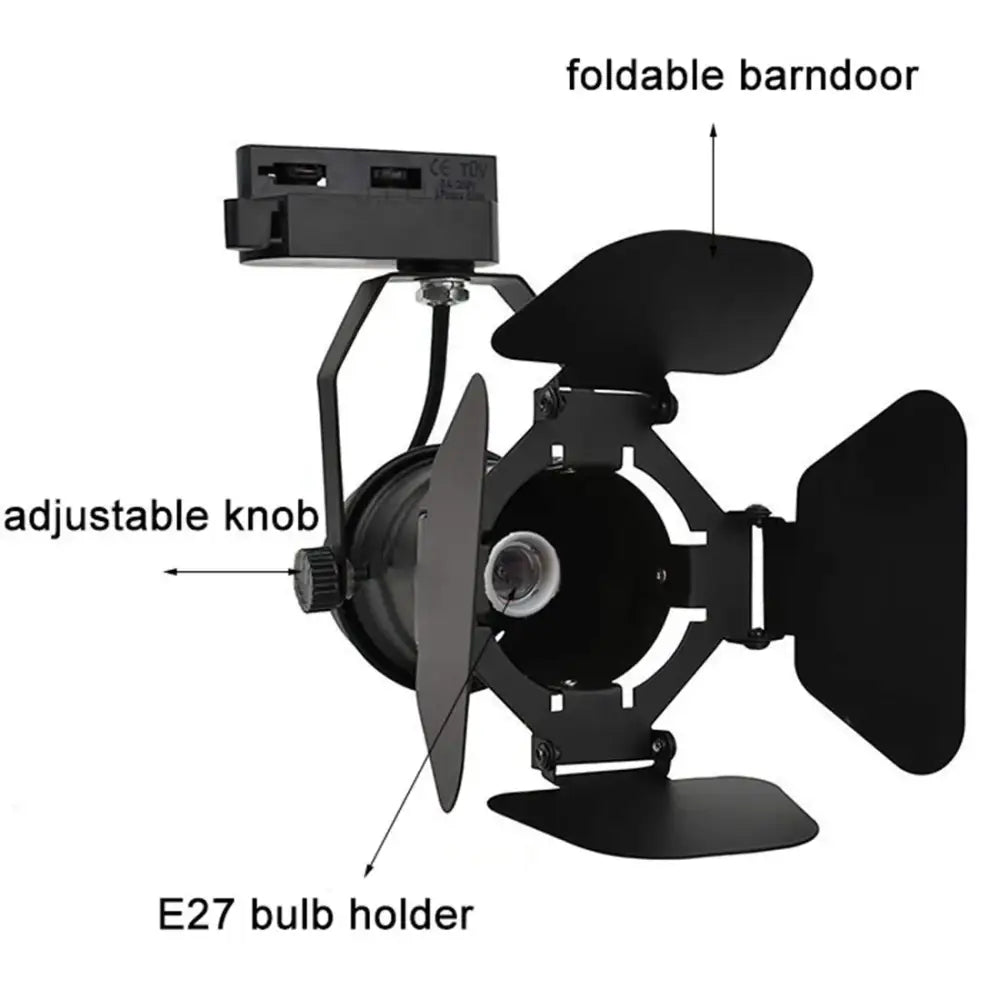 Industrial black metal studio track spotlight with adjustable foldable barn doors and e27 bulb holder for office use