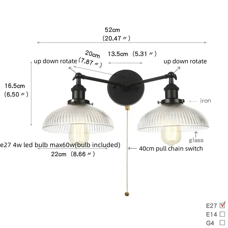 Black iron industrial led wall light with two ribbed glass shades and pull chain switch for bedroom decorbites industrial led