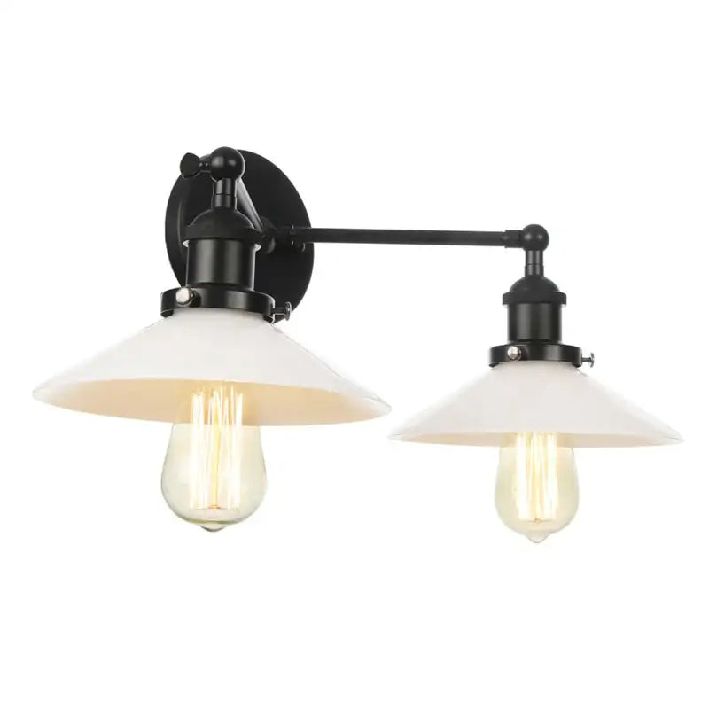 Industrial black and white wall light led sconce with black metal frame and two white glass shades for bedroom decorbites industrial led