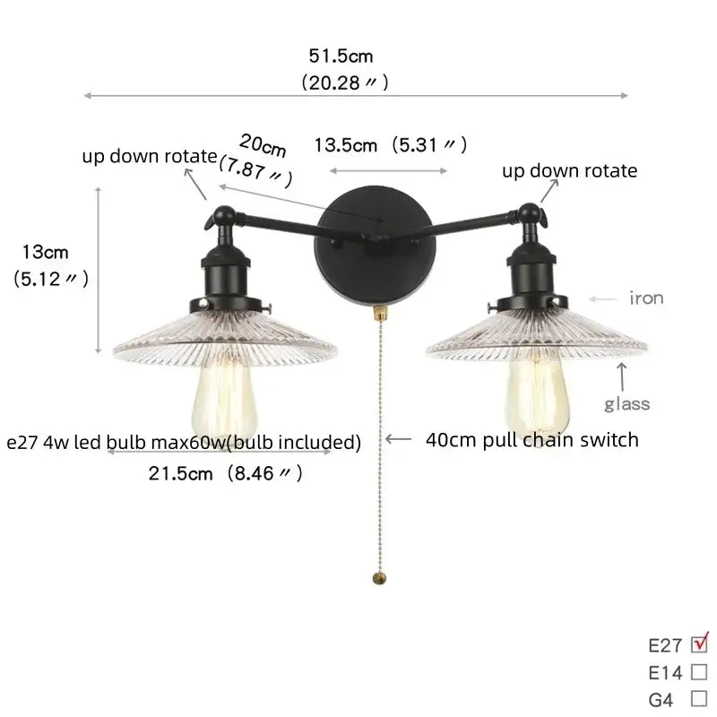 Black iron industrial led wall light with two adjustable arms and clear glass shades for bedroom decorbites industrial led