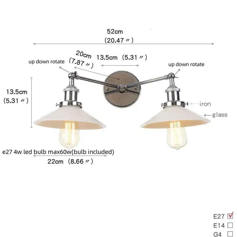 Industrial black and white wall light with chrome iron arms and white glass shades decorbites industrial led sconce