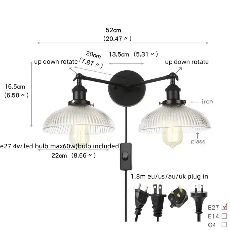Black iron industrial led wall light with two adjustable arms and ribbed glass shades for bedroom decorbites LED sconce