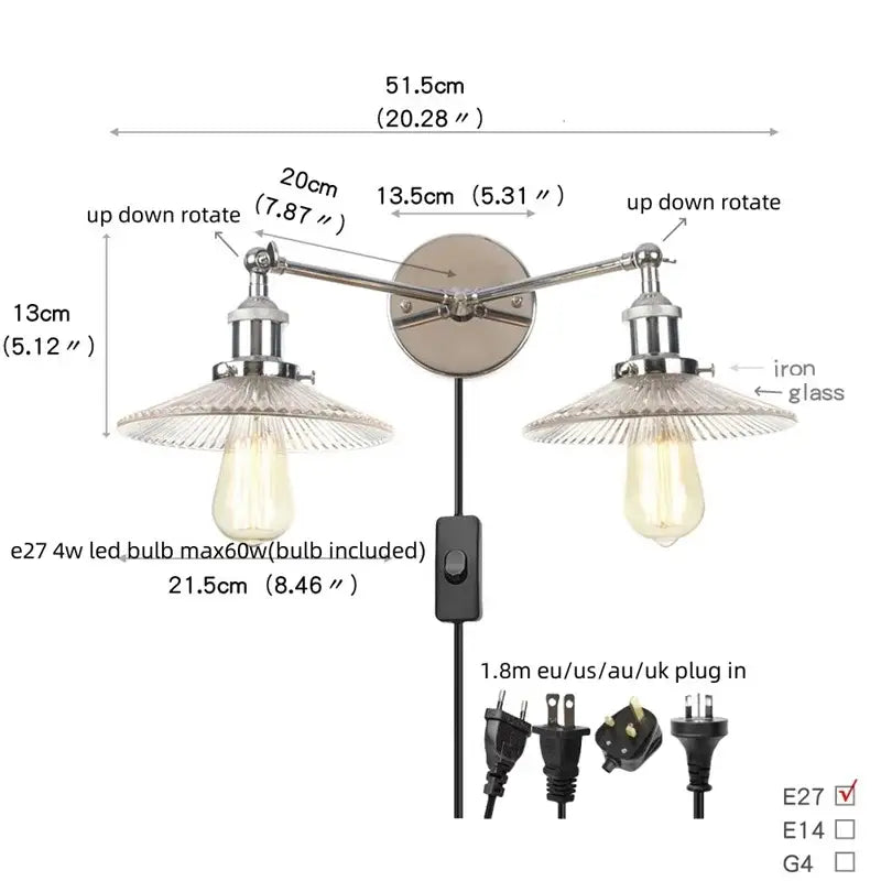 Industrial black and white wall light with chrome iron arms and glass shades featuring two exposed edison bulbs decorbites industrial led