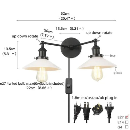 Black iron industrial led wall light with two adjustable arms and white glass shades for bedroom decorbites industrial led sconce